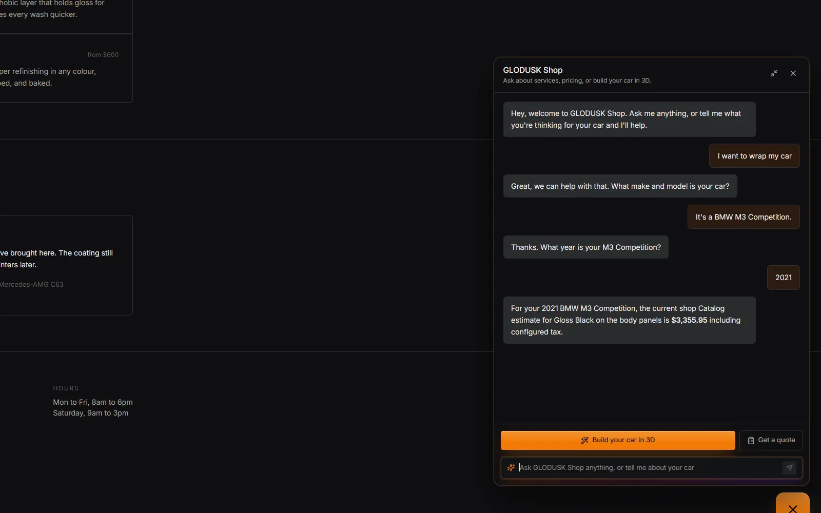 The shop's chat on its own website: the customer says they want to wrap their 2021 BMW M3 Competition and gets a price for gloss black body panels.