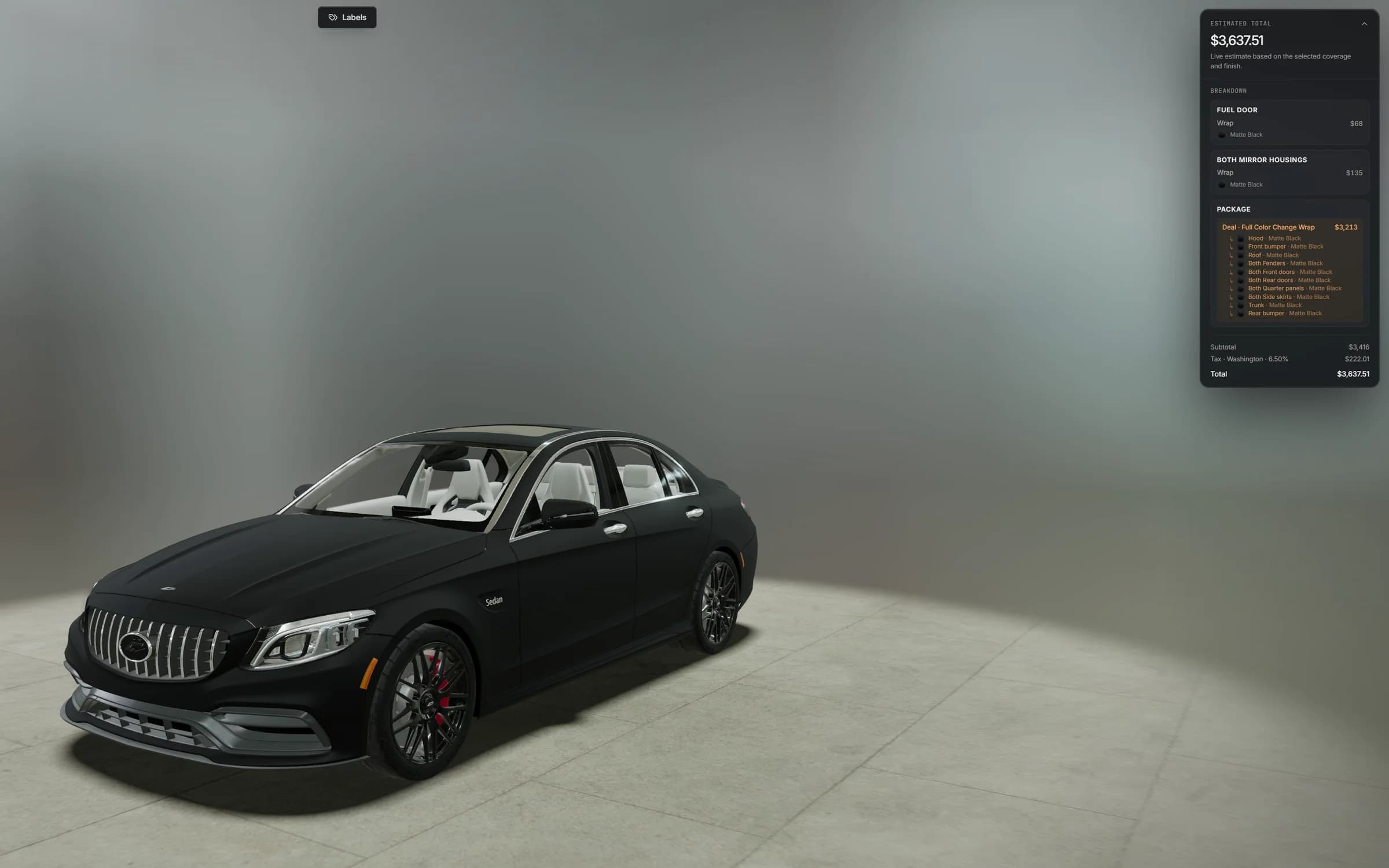 The customer's build in 3D with the estimated total and an itemized breakdown of the wrap package beside it.