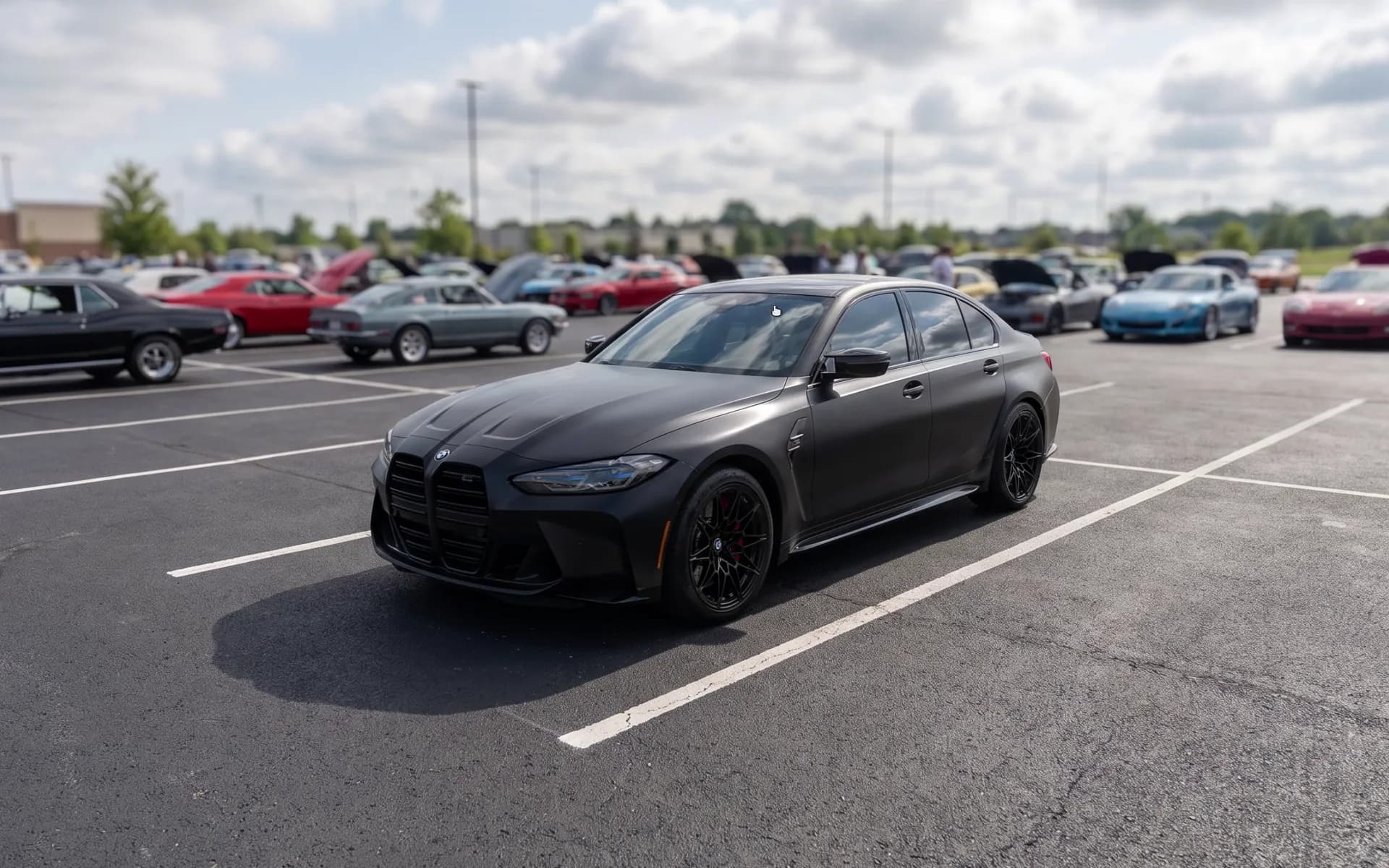 An AI render of the customer's matte black BMW M3 in a parking lot at a car meet.